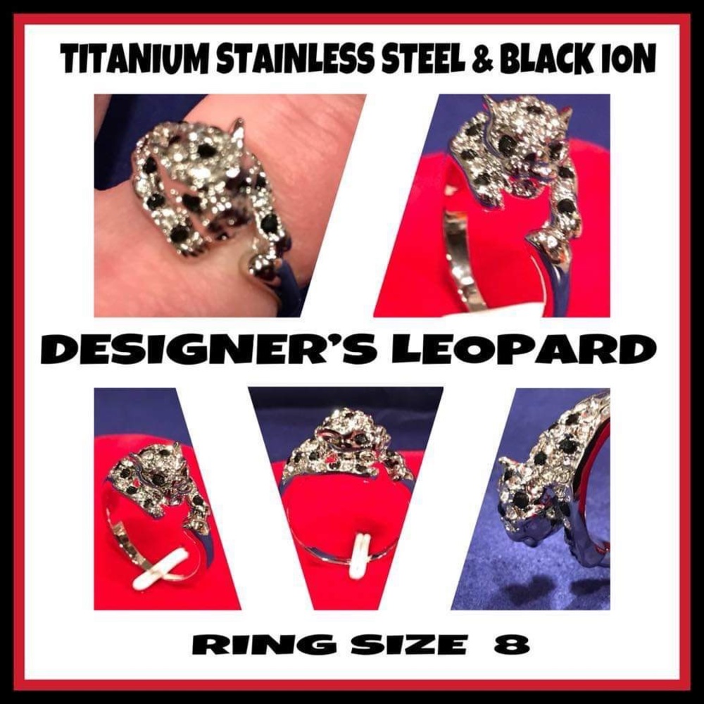 NWT! TITANIUM S.S. & BLACK ION SZ 8 LEOPARD RING